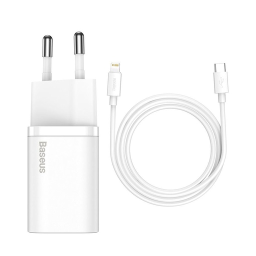 [6953156230064] Chargeur secteur USB Type C + 1 câble USB-C vers Lightning 1M 20W Baseus Blanc