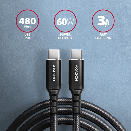 [BUCM-CM10AB] Câble USB Type C USB 2.0 M/M 1M Axagon Noir 60W